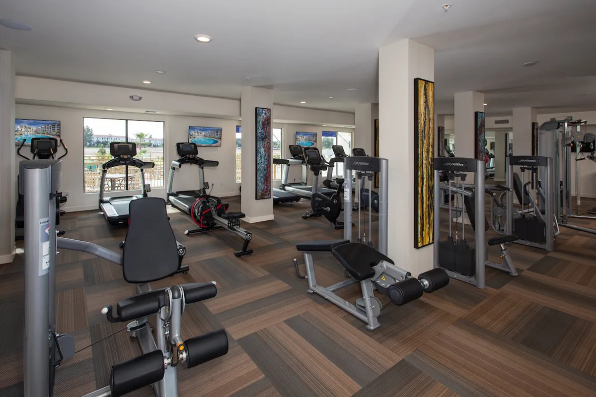 A modern fitness center filled with various workout machines, large windows that let natural light pour in, and decorative wall art. The space feels energetic, open, and welcoming for both personal workouts and group fitness activities.